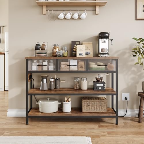 Lulive Entryway Table with Power Outlets, Console Table with 3 Fabric Drawers, Sofa Table for Living Room, Hallway, Couch, Foyer, Height Adjustable (Rustic Brown, 43") - color: Rustic Brown, size: 1-Pack 43 inches
