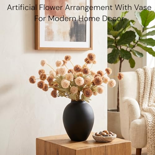 Artificial Flowers with Vase for Home Decor - Faux Mum Flower Arrangement Centerpiece, 12 Stems Beige and Brown Silk Flowers in Black Iron Vase for Dining Table Living Room Office Bedroom - size: Beige/Brown in vase