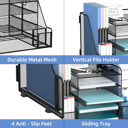SUPEASY Desk Organizer, 5-Tier Mesh Desktop File Organizer with Bookends, File Holder, 2 Pen Cups and Paper Letter Trays, Large-Capacity Metal Organizer for Home, Office or School