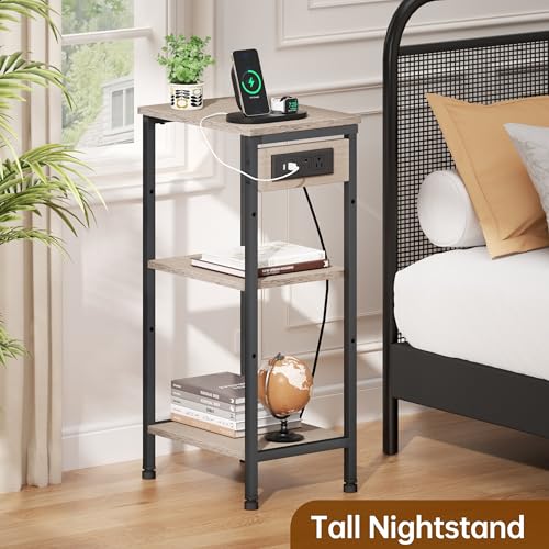 Asgolion Tall End Table with Charging Station, 3 Tier Narrow Beside Table with Adjustable Shelf, Tall Side Table Nightstand for Bedroom, Living Room Coffe Table, Office, Greige - color: Greige, style: With Outlet