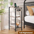 Asgolion Tall End Table with Charging Station, 3 Tier Narrow Beside Table with Adjustable Shelf, Tall Side Table Nightstand for Bedroom, Living Room Coffe Table, Office, Greige - color: Greige, style: With Outlet