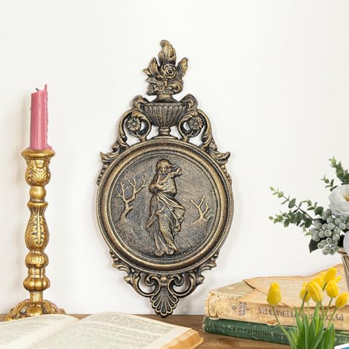 Sungmor Ornate Cast Iron Wall Art Plaque – Classical Woman Relief in French Country Style, Decorative Wall Sculpture - Vintage Hanging Décor for Home, Garden, or Patio – Rustic Gold Finish - color: Rustic Gold & A