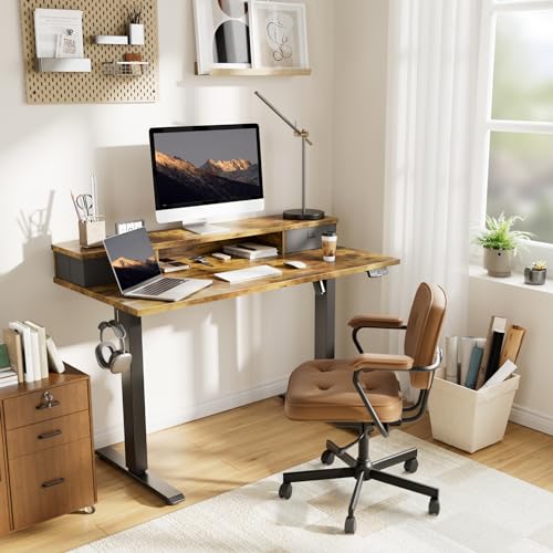 Agilestic 63 x 24 Inches Height Adjustable Electric Standing Desk with 2 Drawers, Stand Up Electric Desk Adjustable Height, Sit Stand Computer Gaming Table with Splice Board, Rustic Brown - color: Rustic Brown, size: 63 x 24 Inches with 2 drawers
