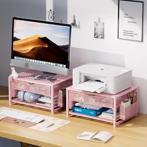 Marbrasse Metal Printer Stand for Desk with Storage Drawer and 2 Pen Holders, 2-Tier Desktop Organizer Printer Table for Home Office, Multi-Purpose Desk Organizer for Fax Machine Scanner Files(Pink) - color: Pink