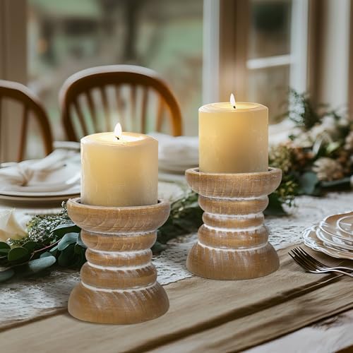 Candle Holder for Pillar Candle Set of 2, Farmhouse Wood Candle Holder, Rustic Wooden Candle Stand, Vintage Small Wooden Candlestick Holders for Living Room, Table Centerpiece, Brown - color: Washedbrown, size: Set of 2