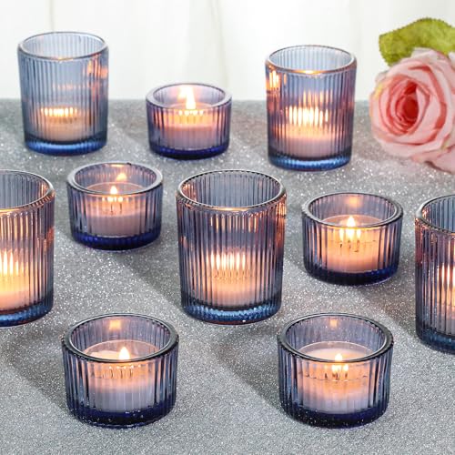 SUPMIND 24 Pcs Ribbed Votive Candle Holders, Dark Blue Glass Holders Bulk for Table Centerpiece, Tealight Holders Glass for Wedding Shower, Party and Home Decor - color: Dark Blue