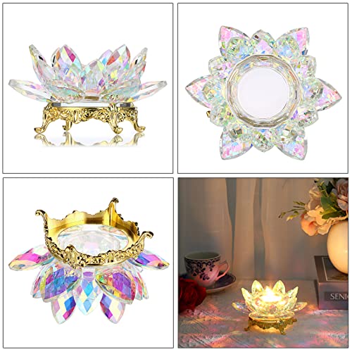 OwnMy Crystal Lotus Flower Tea Light Holder Votive Candle Stand with Gold Metal Base, AB Color Glass Lotus Tealight Candlestick Holder Candle Lamp for Table Centerpiece Wedding Decor