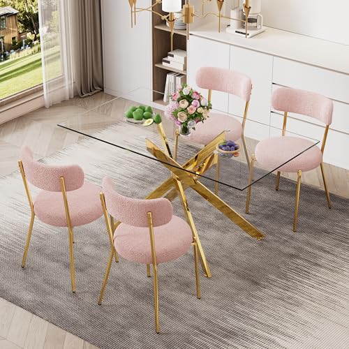 51'' Modern Glass Dining Table for 4, Rectangular Tempered Table Top Gold Base with 4 Luxury Pink Gold Boucle Dining Chairs, 5 Piece Dining Room Table Set, Easy Assemble - color: Golden+pink Gold Chairs, size: 51'' + 4 Chairs