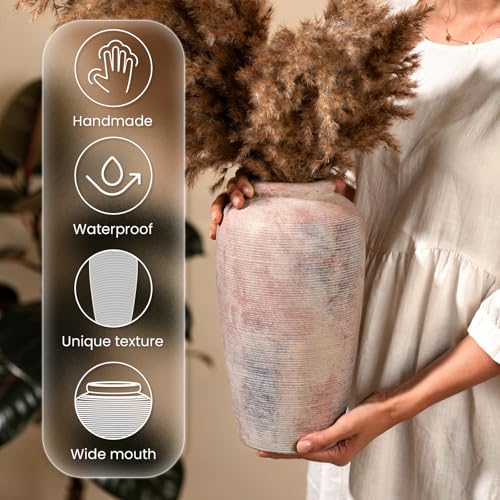 Rustic Distressed Ceramic Threaded Vase, 11" H Handmade Wabi Sabi Decor Vase (Antique Terracotta with Lime White & Distressed Black Patches) for Living Room Table Centerpieces, Entryway & Fireplace - size: 11 inch-B