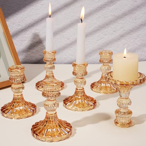 Maxcheck Set of 6 Candlestick Holders Taper Glass Candle Holder Decorative Candle Stand for Wedding Christmas Party Table Centerpiece Anniversary Festival Home Decor(Amber) - color: Amber
