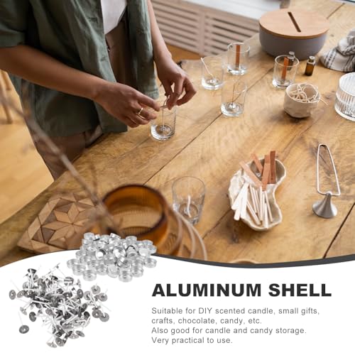 DOITOOL 100 Pcs Aluminum Tea Lights Cups, Round Empty Case Candle Wax Containers Candleholder, Metal Tea Light Tins with 100 Pcs Candle Wicks for Christmas Wedding Holiday Table Decoration