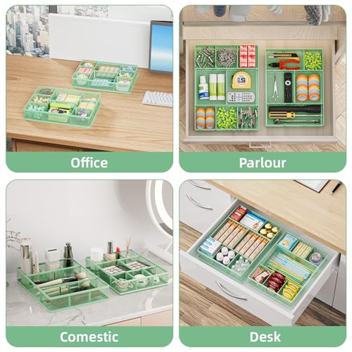 Marbrasse 2 Pack Desk Drawer Organizer, Mesh Drawer Organizer Tray with 8 Adjustable Compartments, Desk Organizers and Accessories, 5 Dividers Drawer for Office Supplies, Makeup & Vanity (Green) - color: Green