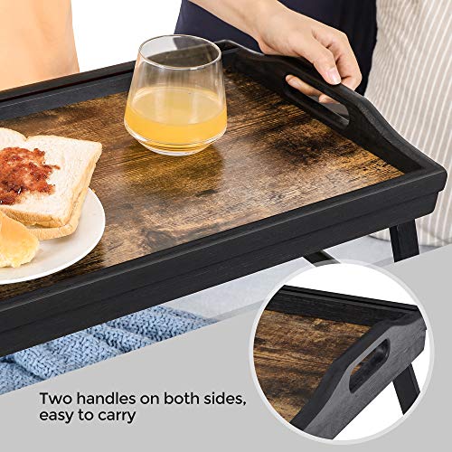 SONGMICS Bed Tray Table with Bamboo Folding Legs, Sofa Breakfast Tray, Serving Tray with Groove for Phone Tablet, Rustic Dark Brown ULLD111B01