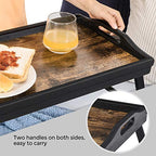 SONGMICS Bed Tray Table with Bamboo Folding Legs, Sofa Breakfast Tray, Serving Tray with Groove for Phone Tablet, Rustic Dark Brown ULLD111B01