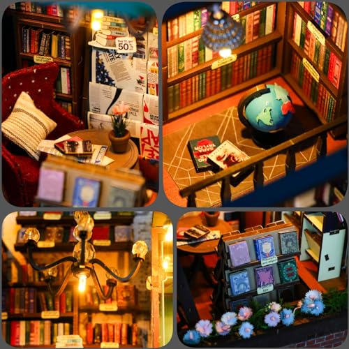 MEINESQIS Book Nook DIY Miniatures Book Nook Kit Store 3D Creative Decorative Bookend Bookshelf Insert Wooden Puzzle with Led Suitable for Teenagers Adults Halloween Christmas Decoration Gifts, Blue