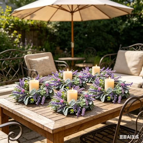 6 Pcs Mini Lavender Candle Rings Wreaths Purple Daisy Pillar Holder Wreath Artificial Wild Flower Spring Summer Floral Wreath for Farmhouse Porch Cabinets Table Decoration - color: Lavender