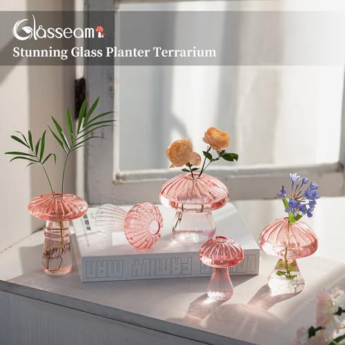 Glasseam Mushroom Plant Propagation Stations: Pink Glass Terrarium Jar Set of 10 Cute Planters for Indoor Plants Mini Propagate Station Unique Christmas Birthday Gifts for Women Home Office Decor - color: Pink, size: 10