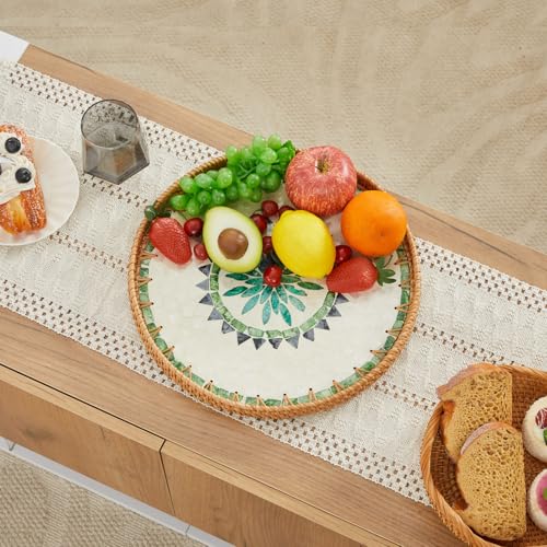 Shellac Rattan Tray with Mother of Pearl Inlay, Round Decorative Serving Tray for Home Décor Coffee Table Storage and Display, 100% Natural Materials- Ottoman Tray - Mix Color 12" - color: Mix, size: 12"