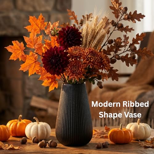 Luxury Black Ceramic Vase, Modern Ribbed Fluted Design, Flower Vase for Home Decor, Small Cute Vase for Pampas Grass, Living Room, Dining Table, Farmhouse, Office Decor, Bedroom, Table, Kitchen Shelf - size: Medium 7.2 Inches