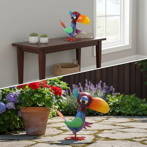 12'' Tall Metal Bird Garden Statue, Cheeky Metal Bird Sculpture Yard Art, Standing Bird Garden Decor for Outside, Lawn, Patio, Porch - color: Purple & Blue-bird