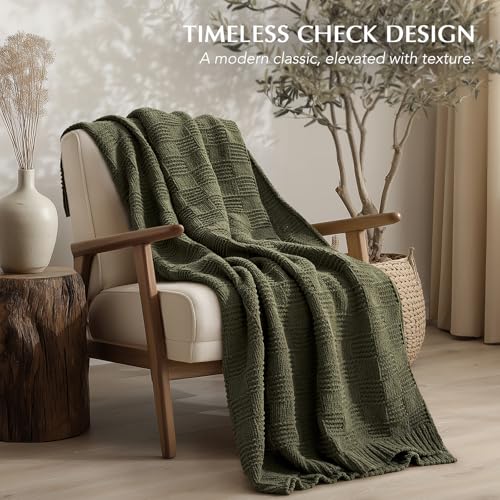 EVERGRACEHOME Modern Checkered Chenille Throw Blanket, Soft Cozy Plaid Knitted Blanket for Sofa & Couch, Decorative Knit Throw for Bed and Living Room, Olive Green, 60" x 80" - color: Checkered Olive Green, size: 60" x 80"