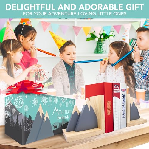 Decorably Gray Mountain Book Ends for Kids Books - 1 Set Non-Skid Wooden Decorative for Girls and Boys Room, Baby's Nursery, Classroom Decor