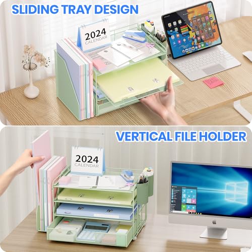 OPNICE Desk Organizer, 4-Tier Desktop File Organizer with Drawer and 2 Pen Holders, Office Desk Accessories, File Sorters, Workspace Organizers for Office Supplies(Green) - color: Green, size: 4-Tier