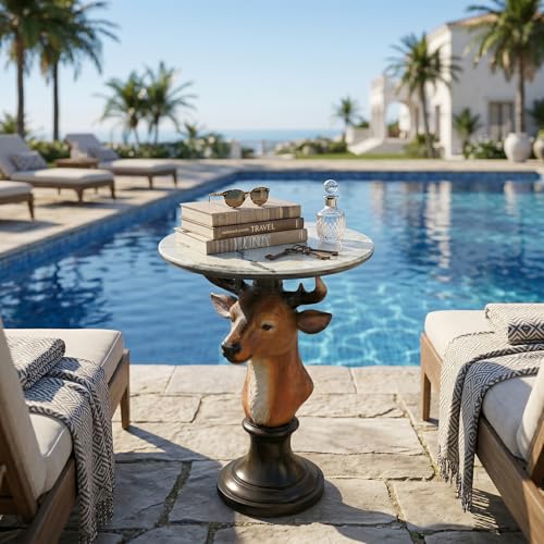 Deer Head Sculptural Accent Table for Living Room & Entryway, 19.69" D x 25.59" H, Resin Animal End Table, Waterproof Outdoor Decor, Unique Gift for Housewarming - color: Realistic Deer Color