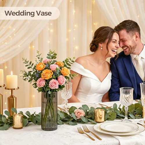 ComSaf Glass Cylinder Vases, Bud Vase for Centerpieces, 8 Inch Tall Ribbed Vase Hurricane Floating Candle Holder, Decorative Flower Vases for Wedding Reception, Home Decor, Housewarming Gift (Grey) - color: Gray