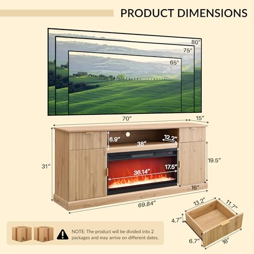 IFGET Fluted Fireplace TV Stand for TVs Up to 80 inch, Modern Entertainment Center with 36" Electric Fireplace, Wood Media Console w/Drawers and Adjustable Shelves for Living Room, Natural - color: Natural