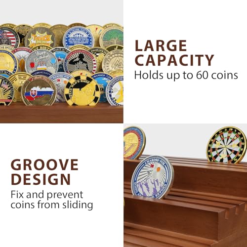 Challenge Coin Holder, 9 Rows Solid Wood Military Coin Display Stand Holds 60 Coins, Army Coin Rack Display Case for Desk Display
