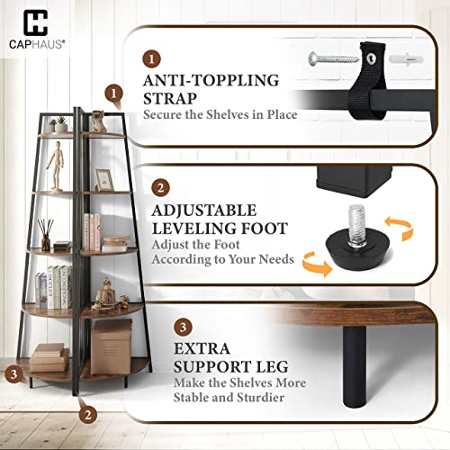 CAPHAUS Tall Corner Shelf Stand, 5-Tier Display Shelves, Ladder Corner Wood Storage Plant Bookshelf with Metal Frame, Versatile Shelving Unit Bookcase for Home Office Space, Rustic Oak - color: Rustic Oak, size: 5-Tier