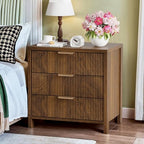 Fluted Nightstand, 23.7'' Wide Night Stand with 3 Drawers, Mid-Century Modern Bedside Table with Handles, Wood End Table for Bedroom, Walnut - color: Walnut