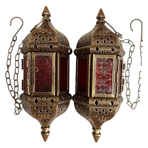 2PCS Moroccan Decorative Candle Lantern Metal Hanging Tealight Candlestick Holder Glass Indoor Outdoor LED Flameless Candle Holder 13.8 inches Chain (Vintage Bronze Gold) - color: Vintage Bronze Gold