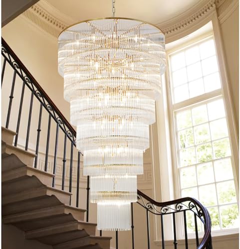 Extra Large Long Brass Chandelier for High Ceiling H68 Modern 7 Tiers Glass Staircase Chandelier Foyer Entryway Lighting Pendant Light Fixture for Grand Living Room Stairway Hall - size: XL Brass (39" x 68")