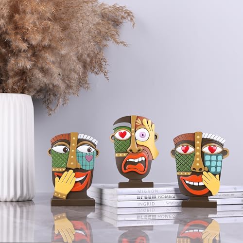 XINGYAN Abstract Resin Face Statues Set of 3–Handmade Modern African Art Sculpture Decor, Creative Weird Art Room Decor for Contemporary Shelf & TV Stand–Small Modern Decorative Items (Set A)