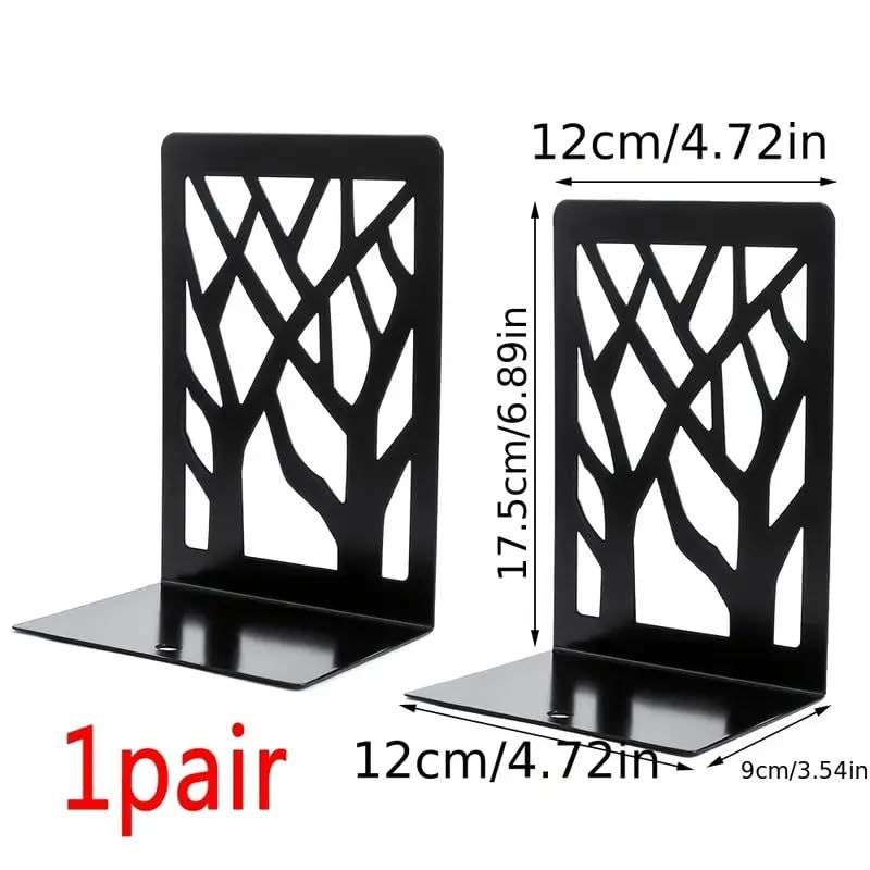 2 Pieces Black Book Ends for Shelves, Modern Tree Design Decorative Bookends, Non-Slip Heavy Duty Metal Book Stopper - 7 x 4.7 x 3.5”