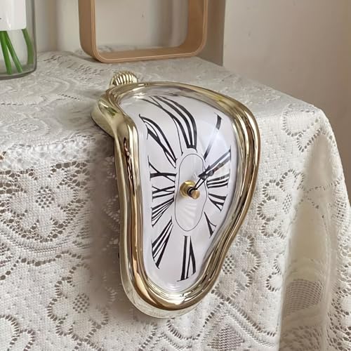 TIMEACT Melting Clock Dali Melted Clock Gift Decor Art Inspired Wall Clock Twisted Shelf Hanging Surrealist for Decorative Shop Office Home Desk Roman (Gold) - color: Gold