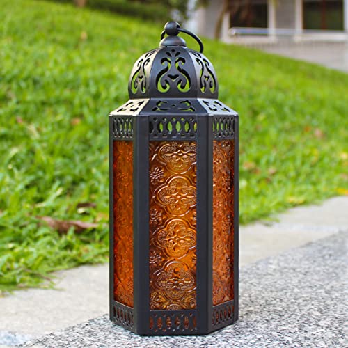 CVHOMEDECO. Decorative Candle Lantern Moroccan Lanterns Vintage Black Metal Lantern Holder for Home Patio Outdoor Decor. Amber Glass, Medium - color: Amber