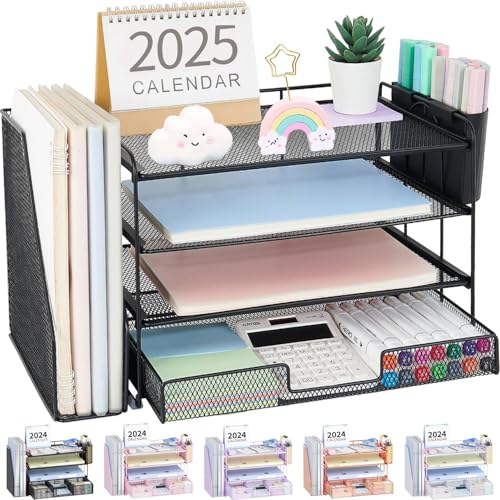 OPNICE Desk Organizer, 4-Tier Desktop File Organizer with Drawer and 2 Pen Holders, Office Desk Accessories, File Sorters, Workspace Organizers for Office Supplies(Black-2pack) - color: Black, size: 4-Tier 2 Pack