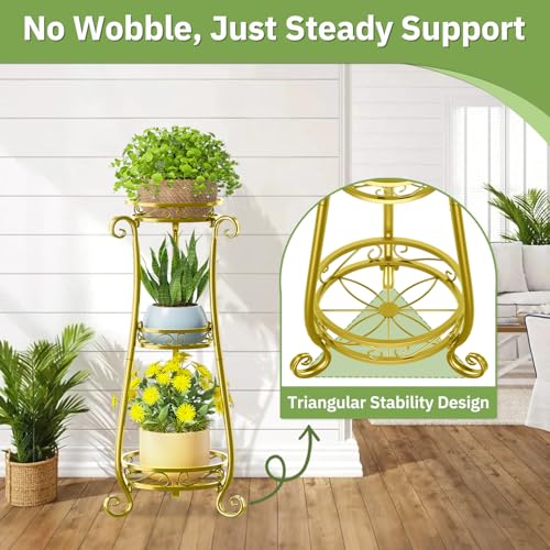 KMOTASUO 3 Tier Metal Plant Stand for Multiple Large Planters Indoor Outdoor Organizer, Heavy Duty Tall Flower Rack for Corner Patio Bathroom Office Corner, Modern Sturdy Vertical Iron Rack, Gold - color: Gold, size: 3 Tier