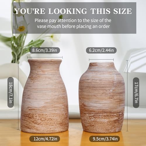 Ceramic Rustic Vase Set of 2 Neutral Terracotta Vases,Farmhouse Decor Cotta Vase Pottery Decorative Flower for Home Table Living Room Table Shelf Entryway Decor