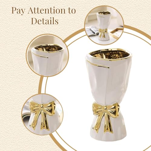 White and Gold Vase, Bow Vase for Home Decor, White Flower Vases for Boho Style, 9.65 Inch Large Vases for Ideal Table Decor, Ceramic Bouquet. （Glazed Exterior and Interior） (White, Large) - color: White and Gold