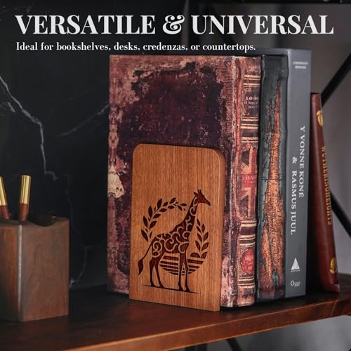 Giraffe Gifts, Giraffe Bookends - Heavy Duty Iron & Ebony Wood Book Ends for Shelves Bookcase Desk - 1 Pair, 4.72x6.69 Inches - Texture - color: Texture