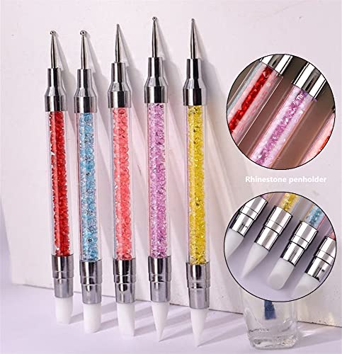 FULINJOY 5PCS Dual-Ended Nail Art Sculpture Pen Dotting Tools, Silicone Nail Polish Brushes Stainless Steel Carving Drawing Dotting Tool, Acrylic Rhinestone Handle, Nail Art Tools - size: 5PCS