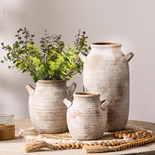 Vanselia Ceramic Flower Vase Home Decor - Farmhouse Table Vases with Handle Living Room Decoration Vintage Decorative Aesthetic for Shelf Coffee Dining Desk House Bookshelf Fireplace (7.1" Retro) - color: 7.1" Retro