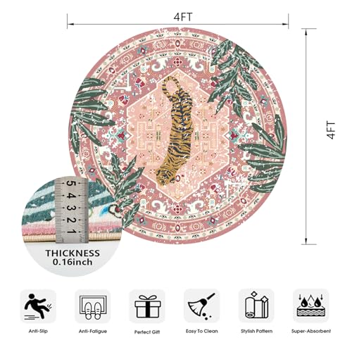 Washable Pink Rugs Thin Oriental Boho Vintage Cute Tropical Leopard 4ft Round Area Rugs for Bedroom Kitchen Dining Living Room Office Indoor Entryway Distressed Nursery Circle Carpet - color: Pink, size: 4' Round