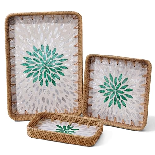 Set of 3 Rattan Serving Trays with Mother of Pearl Inlay – Handwoven Boho & Modern Farmhouse Decor for Kitchen, Bathroom, Coffee Table & Ottoman - style: Rattan Trays with Mother of Pearl Inlay