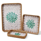 Set of 3 Rattan Serving Trays with Mother of Pearl Inlay – Handwoven Boho & Modern Farmhouse Decor for Kitchen, Bathroom, Coffee Table & Ottoman - style: Rattan Trays with Mother of Pearl Inlay