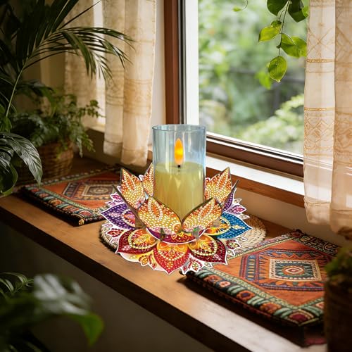 DIY Diamond Art Painting Candlestick Holders 5.71in Mandala Flower Shape Desk Candle Tray Tabletop Ornaments for Wedding Ramadan Party Home Table Centerpiece-Mandala08 - color: Mandala08